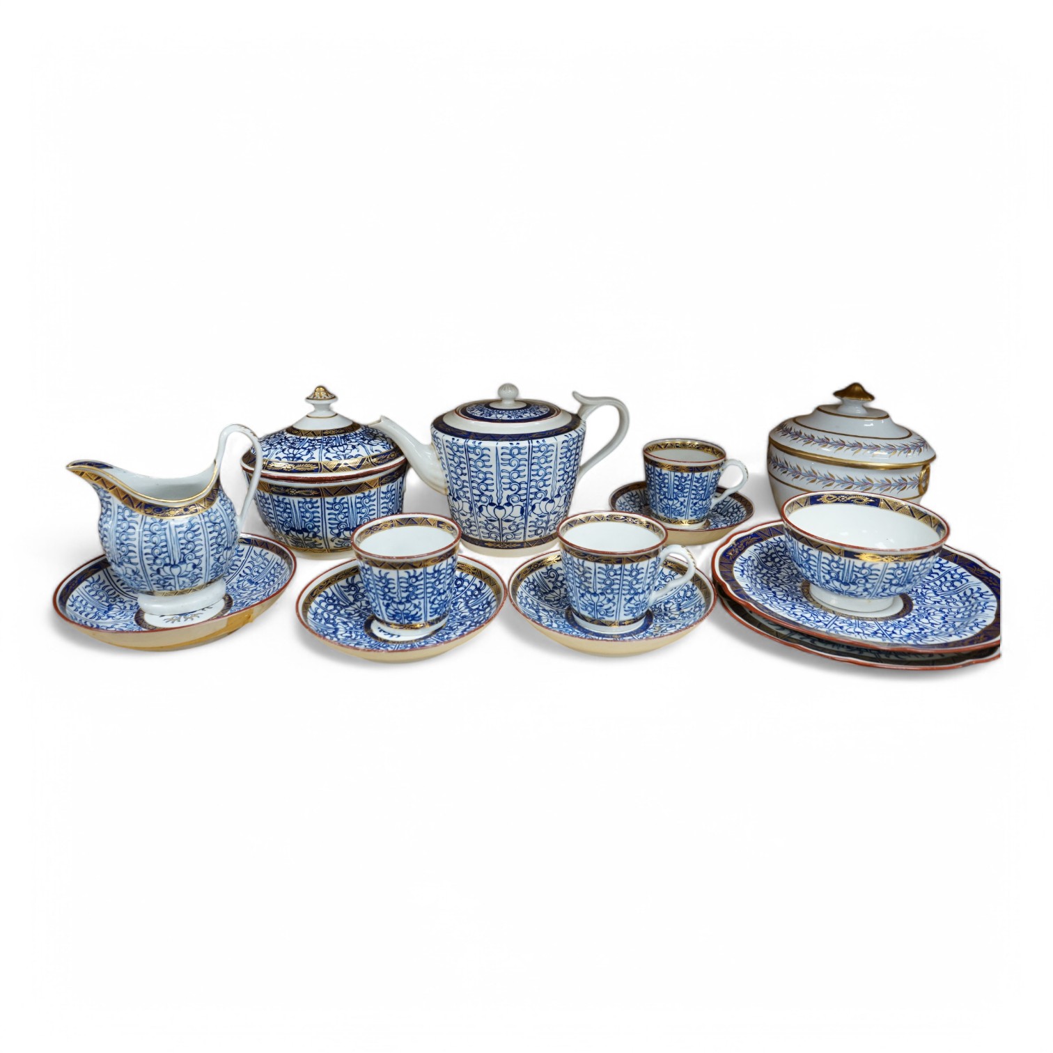 A group of late 18th/early 19th century Worcester Royal Lily tea wares, including a teapot, milk jug, lidded bowl, two plates, three cups and saucers, etc. Condition - fair.